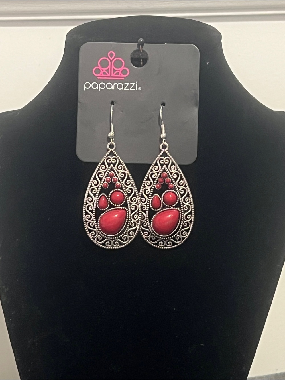 Paparazzi Red Teardrop Scrollwork Dangle Earrings